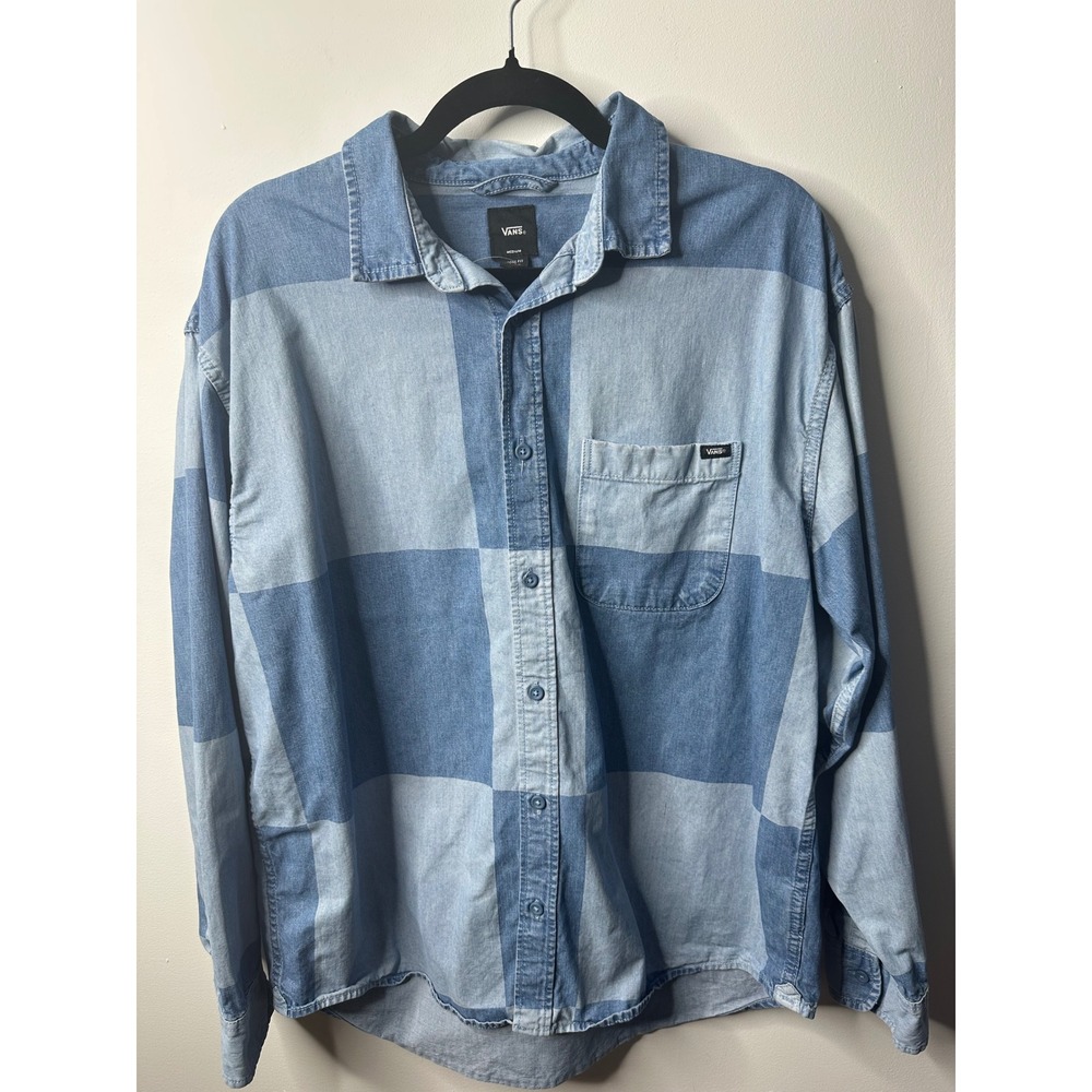 Vans Denim Checkerboard Button Down Shirt Blue Colorblock Long Sleeve Medium